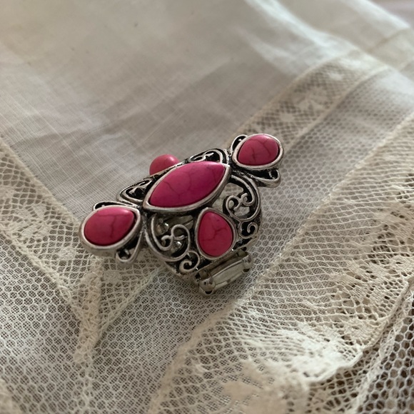 Bohemian Pink Stone Silver Stretch Fashion Ring Woman’s Costume Jewelry - Picture 5 of 6